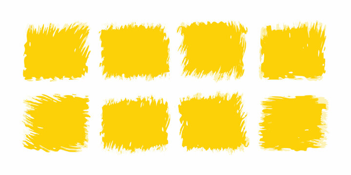 Six yellow paint brush strokes arranged on a white background textured and rectangular acrylic brushstroke