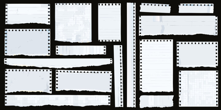 Torn photographic film strips with perforated edges on a black background filmstrip photo paper ripped