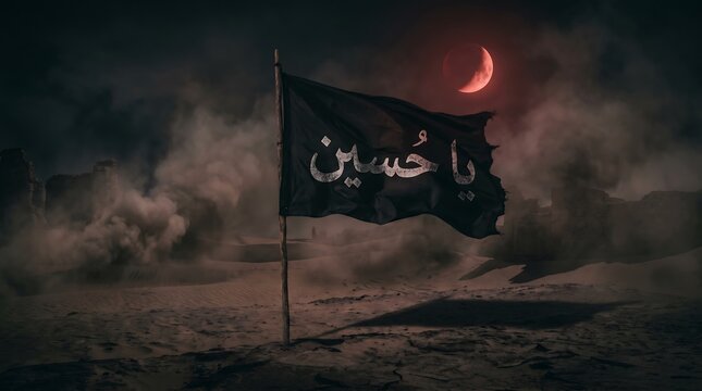 dark Islamic Muharram background featuring large Ya Hussain black flag, smoky atmosphere, red moonlight, Karbala desert, cinematic shadows, realistic textures, ultra detailed, composition variation 83