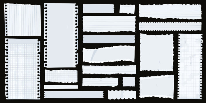 Torn notebook paper pieces with jagged edges a white paper silhouette on a black background