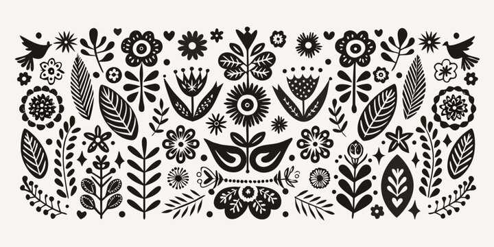 Scandinavian floral ornament with stylized birds and leaves on a white background scandinavian design floral ornament folklore