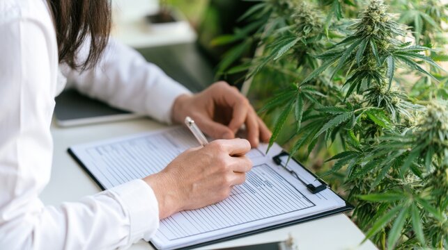 Research specialist recording cannabis plant development on clipboard in controlled greenhouse environment. Marijuana cultivation, crop assessment and agricultural documentation