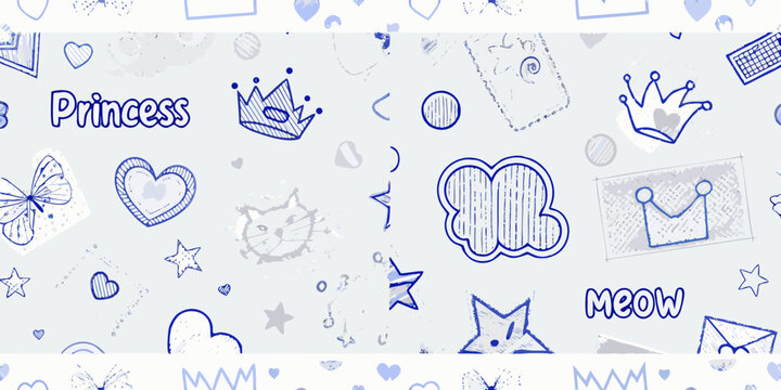 Floral ornament and princess word with cat face line art pattern on light blue background