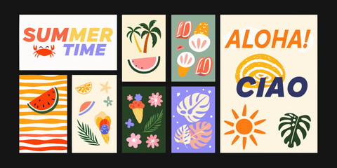 Summer themed vector illustrations with tropical fruits flowers and beach elements on colored backgrounds illustration © Dibyendu