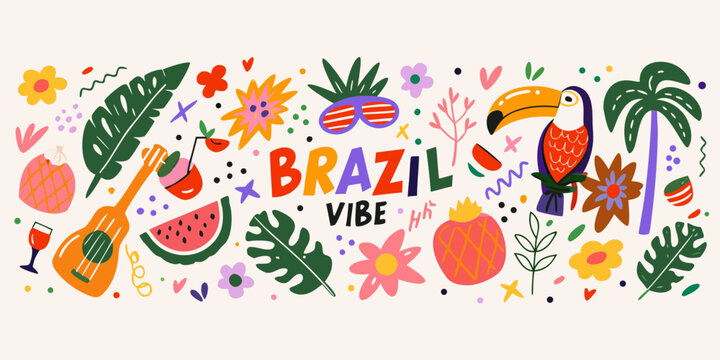 Tropical floral ornament with fruits toucan and musical instrument hand drawn vector illustration pattern design