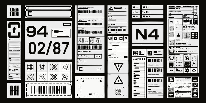 Shipping label collection with barcodes and alphanumeric identifiers monochromatic vector illustration barcode labels packaging logistics