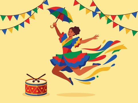 Brazilian Frevo Dancer Vector Illustration - Carnival Celebration with Umbrella and Drum