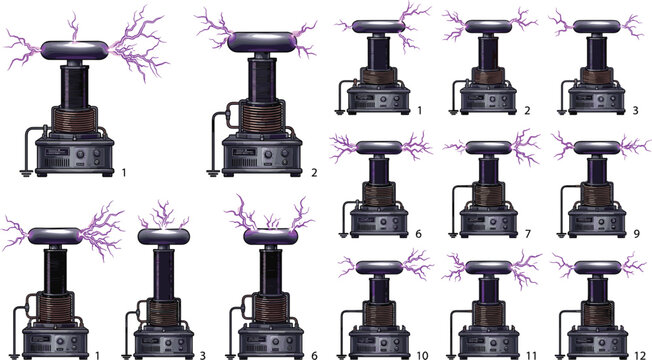 Tesla coil generator electric lightning arc vector icons setTesla coil generator electric lightning arc vector icons set