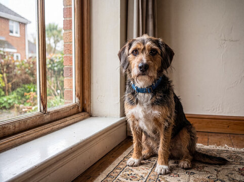 Adorable scruffy mixed breed dog wearing a blue collar, sitting politely on a patterned rug by a large window.
