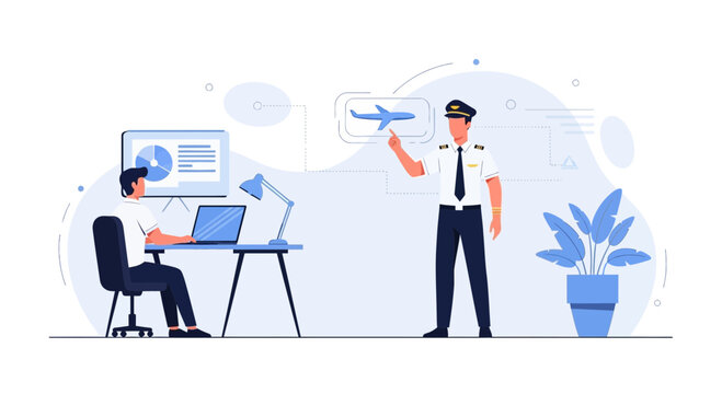 Pilot briefing and flight planning with modern computer graphics and digital interface, aviation training concept
