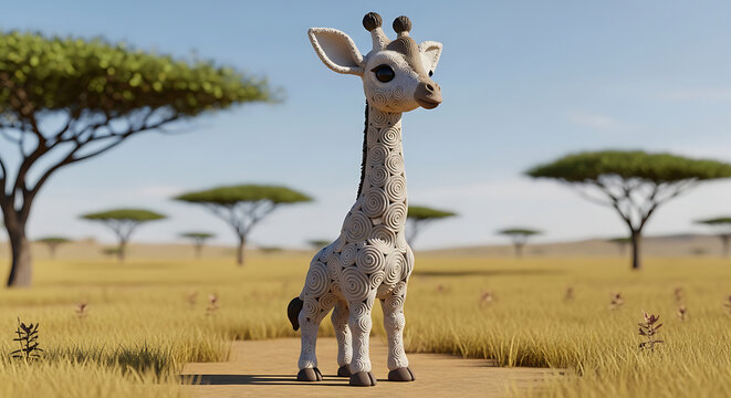 Adorable Baby Giraffe Standing in African Savannah with Wildlife Theme.