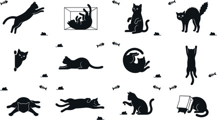 Cute black cat silhouettes vector illustration set with funny kitty characters in various poses sleeping jumping and playing isolated on white background © MdShakib