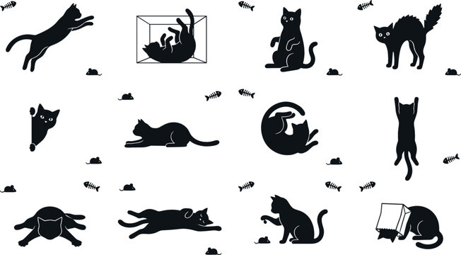 Cute black cat silhouettes vector illustration set with funny kitty characters in various poses sleeping jumping and playing isolated on white background