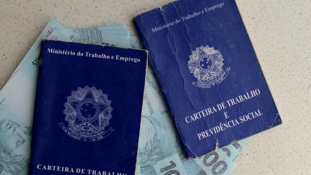 Brazilian Work ID with Brazilian banknotes: Work and money intertwine in this image, symbolizing prosperity and financial stability.