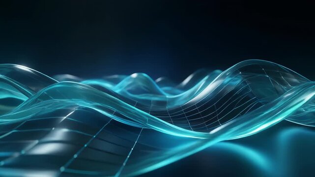 Futuristic glowing blue wave pattern on dark background, abstract technology design with neon light, grid texture, modern energy concept, copy space for futuristic presentations