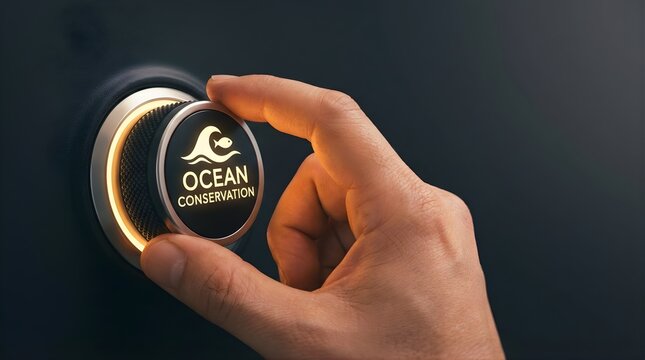 Human hand turning a circular knob with ocean conservation icon on a modern dark textured wall background
