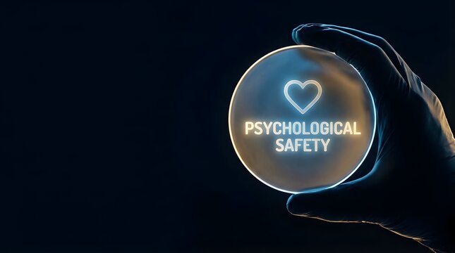 Psychological safety concept represented by a glowing heart icon held in a hand on dark background