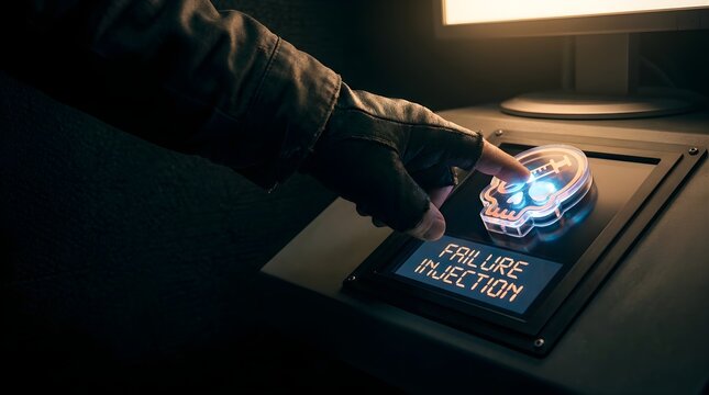 Cybersecurity expert pressing failure injection button on futuristic terminal in dark server room