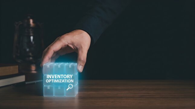 Business hand placing glowing inventory optimization cube for supply chain management