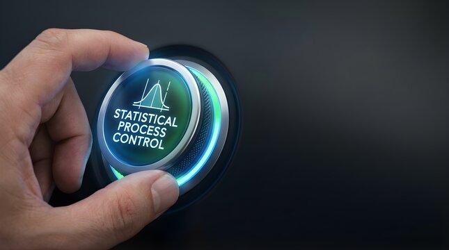 A hand activating a glowing statistical process control dial for quality management