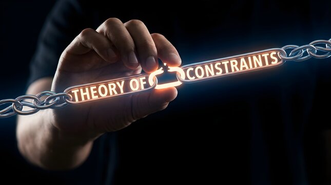 Theory of constraints concept represented by a glowing chain link held by human fingers in dark space