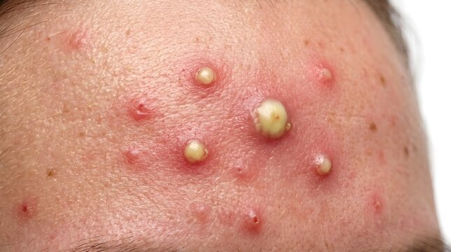 Pustular Acne Infection on Forehead with White Topped Lesions Close Up