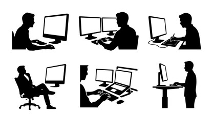 Fototapeta premium Silhouette Icons: Diverse Computer User Poses, Office Work, Technology, Digital Life, Vector Set