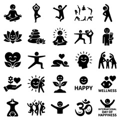 Fototapeta premium International Day of Happiness Yoga and Wellness Icons Vector Set