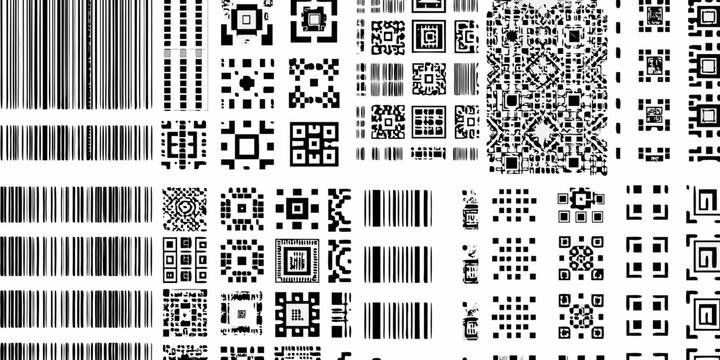 A collection of various black and white barcodes and two dimensional codes on a white background