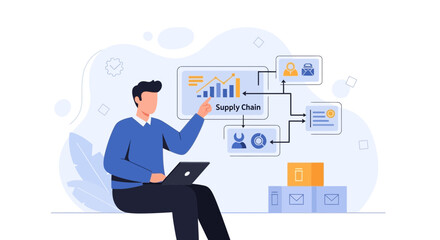 Obraz premium Supply Chain Management Concept: Business Man Analyzing Logistics Flowchart and Data on Laptop and Screen