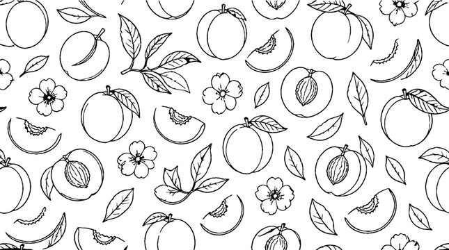 Hand drawn peach and leaf pattern illustration.