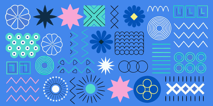 Abstract Memphis pattern with geometric shapes and floral ornaments in bright blue tones design ornament
