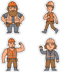 Fototapeta premium Set of four cartoon construction worker characters in safety gear.