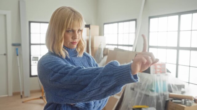 Woman points finger at stacked moving boxes and cardboard in a studio while wearing a blue sweater; focused planning.