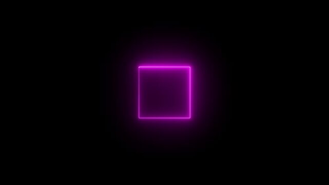Glowing neon square frame animation. luminous banner animation. Pink color neon box icon. Neon Figure On Black Background. 4k video.