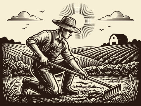 Vintage Woodcut Style Farmer Raking Soil in Rural Landscape