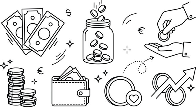 Financial savings money investment and wealth growth thin line icon set with cash jar coins wallet donation hands