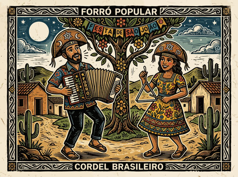 Brazilian Cordel Woodcut Illustration for Festa de S&atilde;o Jo&atilde;o with Musicians, Accordion, and Triangle in Rural Sert&atilde;o.