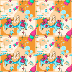 Fototapeta premium Whimsical Celebration Duck Seamless Pattern This vibrant seamless vector pattern features a playful, hand-drawn doodle aesthetic depicting a festive celebration theme. The design showcases an adorable