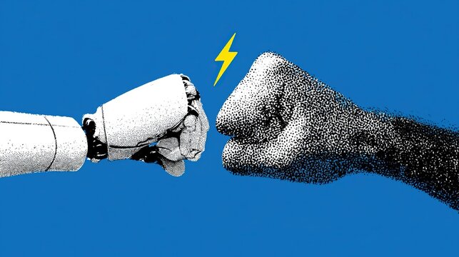 Minimalist flat illustration of human hand and robotic hand fist bump, centered artwork on solid blue background, white jointed robot hand, gradient black and white halftone human fist, yellow lightni