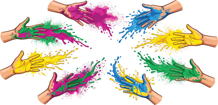 Vibrant hand drawn Holi festival vector illustration pack featuring human hands throwing colorful powder explosions and bright paint liquid splatters isolated on white background