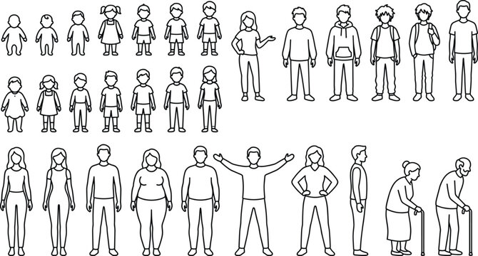 Human aging life cycle and generation thin line icon set with people baby child teenager adult elderly senior