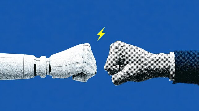 Minimalist flat illustration of human hand and robotic hand fist bump, centered artwork on solid blue background, white jointed robot hand, gradient black and white halftone human fist, yellow lightni