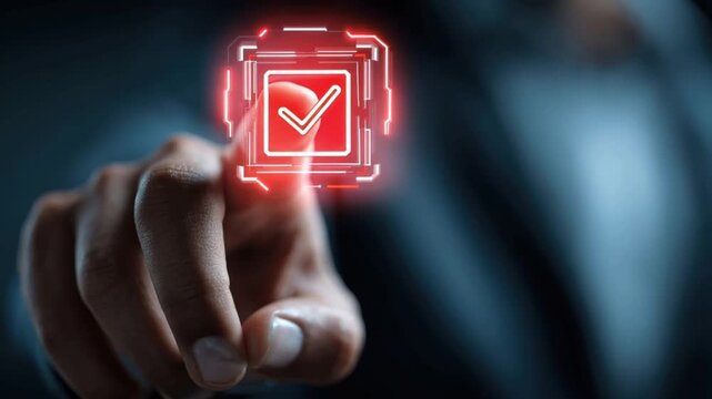 A digital interface displays a glowing red checkmark within a futuristic frame as a human finger touches the screen. ..Created with Generative AI, not depicting real subjects.
