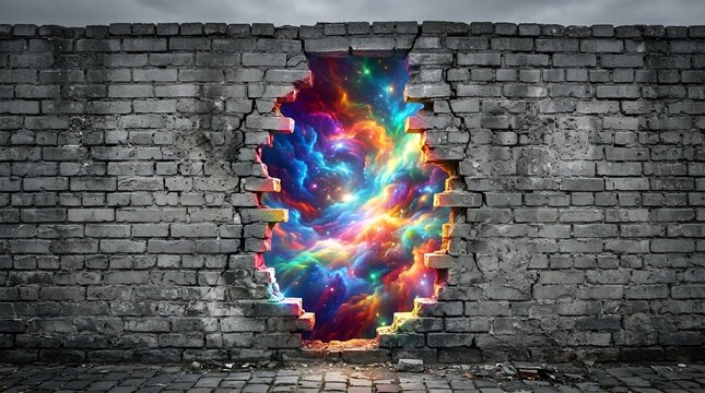 Breakthrough to Colorful Nebula Through Brick Wall Hole, Cosmic Energy