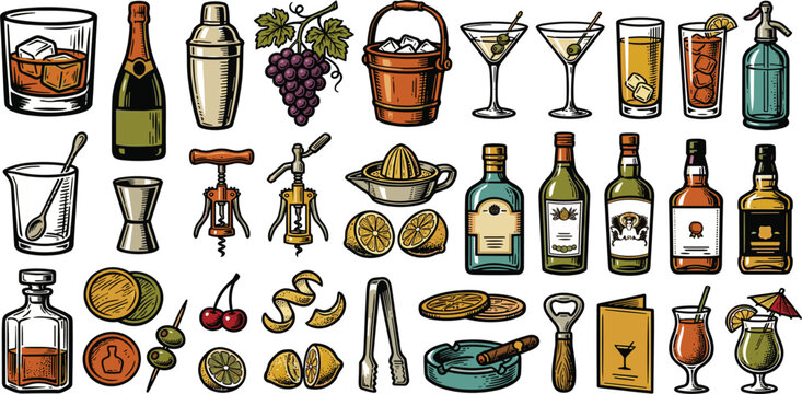 Vintage hand drawn cocktail and bar vector icon set featuring liquor bottles cocktail glasses shaker ice bucket corkscrew wine grapes and bartending tools isolated on white background