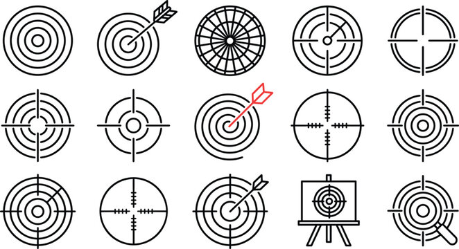 Business target marketing goal focus and accuracy thin line icon set with crosshair dartboard arrow and aiming symbols
