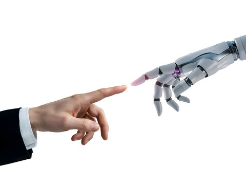 A human hand in a formal suit sleeve reaching out to touch the finger of a white robotic hand, symbolizing the connection between humanity and artificial intelligence against a black