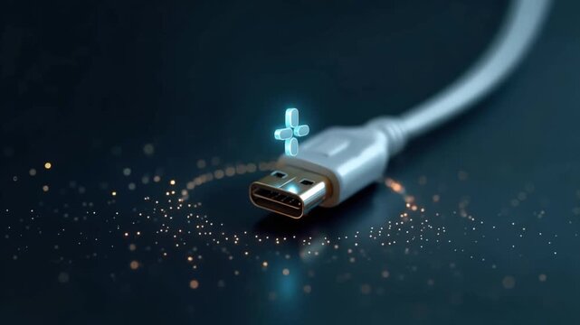 A close-up shot focuses on a USB-C cable connector with a faint blue glowing symbol, hinting at power and connectivity, against a dark. ..Created with Generative AI, not depicting real subjects.