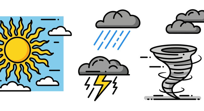 Weather forecast icons set with sun, clouds, rain, lightning, and tornado symbols. Meteorology climate conditions illustration.